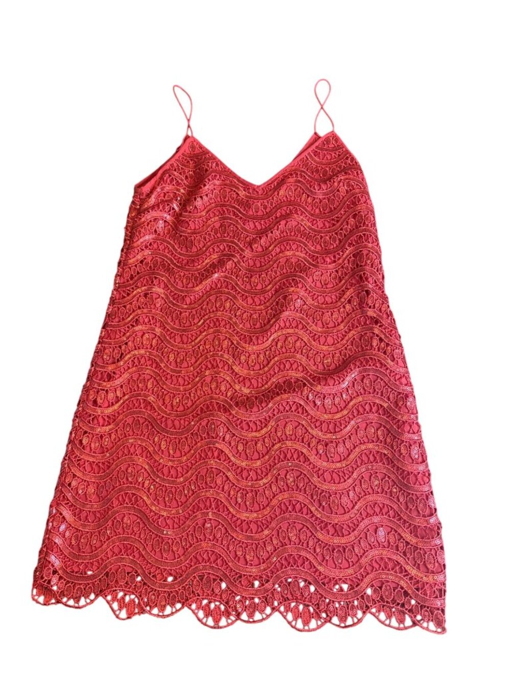 Saylor NYC Red Sequin Lace Mini Dress Scalloped Hem Spaghetti Strap Party